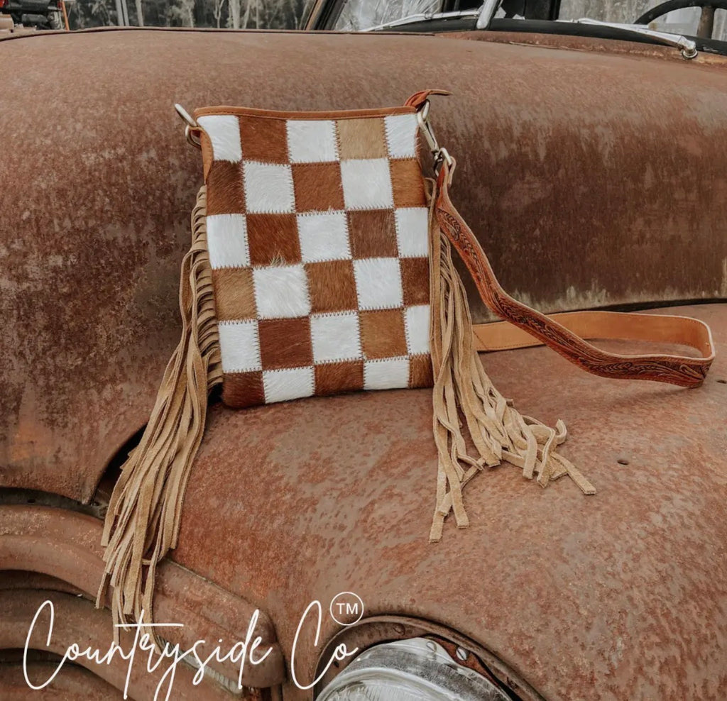Stockdale Checkered Cowhide Fringe
Purse, Brown & White