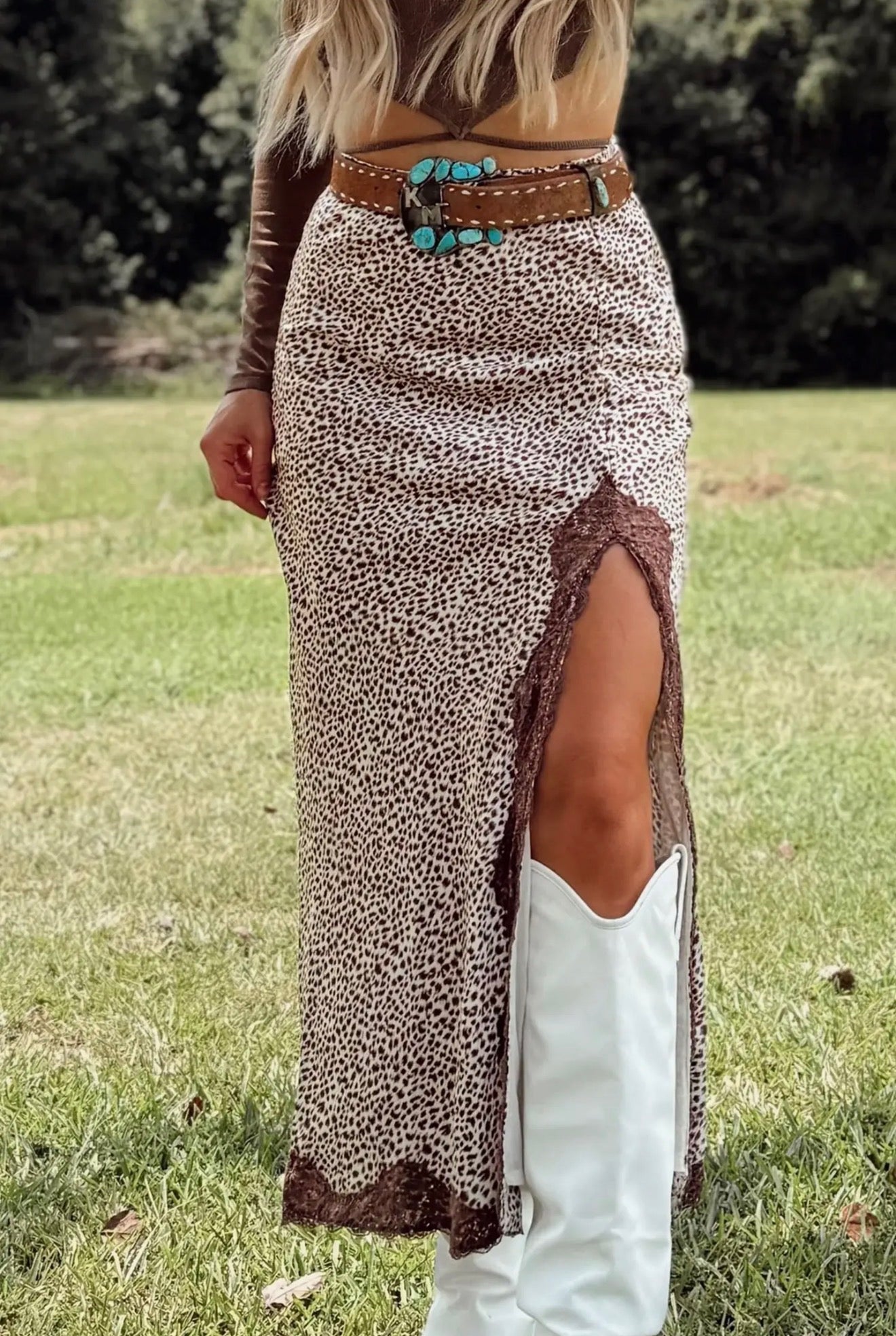 Western Cheetah Ruched High Waist Lace
Splicing Slit Skirt