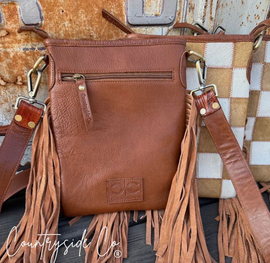 Stockdale Checkered Cowhide Fringe
Purse, Brown & White